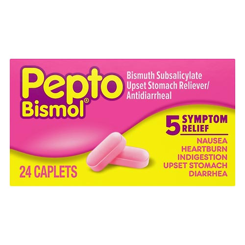 Image for Pepto Bismol Upset Stomach Reliever/Antidiarrheal, Caplets,24ea from TED PHARMACY